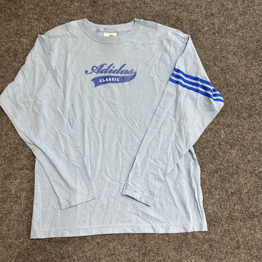 Adidas Long Sleeve Shirt Womens Size M Blue Glitter Graphic Logo Stained Stripe